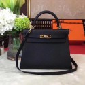 Fake Hermes Kelly 32cm Shoulder Bag TOGO Leather KY32 Black Gold JH01409ET36