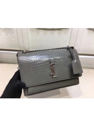 Copy SAINT LAURENT Monogram Sunset medium crocodile-embossed leather cross-body bag 00931 Grey JH08325rY88