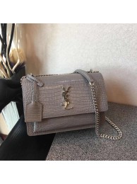 Copy SAINT LAURENT Monogram Sunset medium crocodile-embossed leather cross-body bag 00931 light gray JH07946NX87