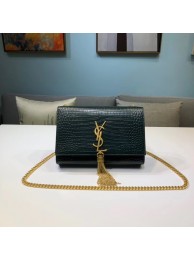 Fake SAINT LAURENT Kate croc-embossed leather shoulder bag 474366 Blackish green JH07913DK43